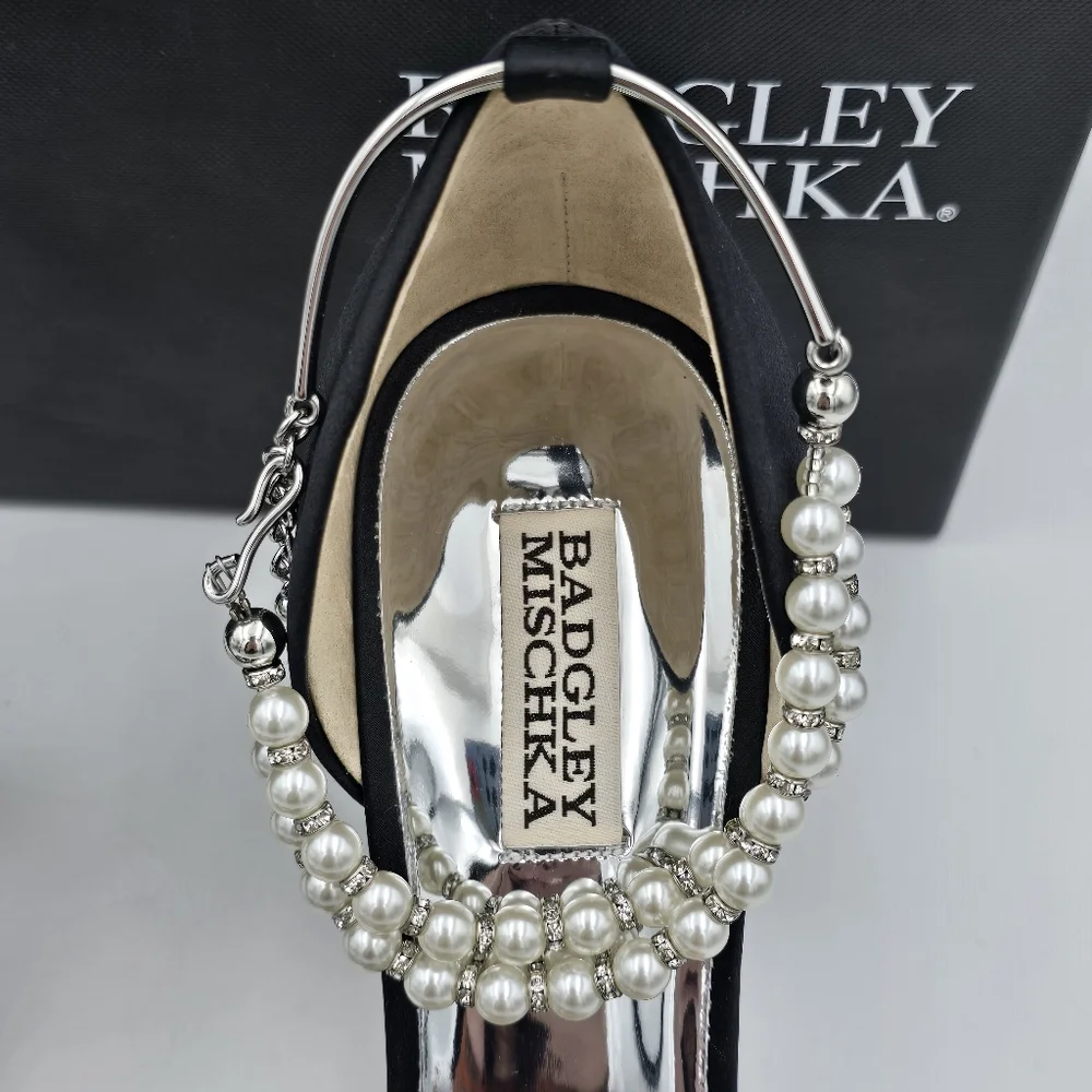 NIB Badgley Mischka Loretta Dual Pearl Strap Stiletto Heel Sandals, Black Satin - Picture 8 of 16